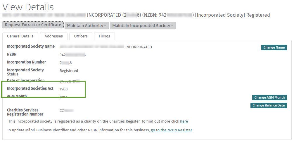 Screenshot of a search result with the Incorporated Societies Act highlighted.